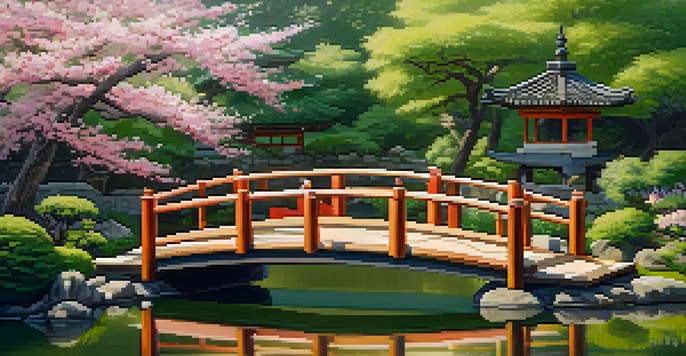 A peaceful Japanese garden with wooden carvings, a bridge over a koi pond, and cherry blossom trees.