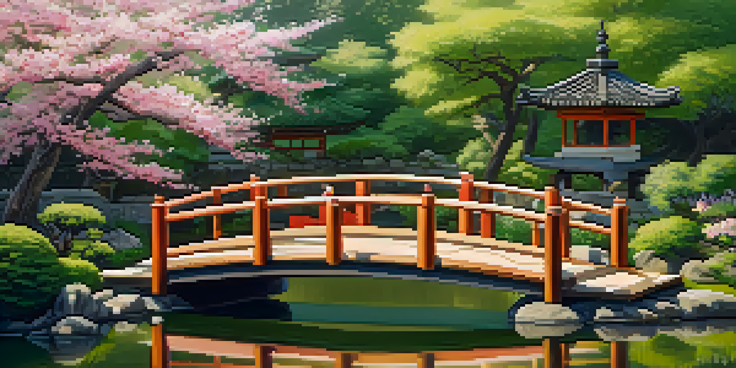 A peaceful Japanese garden with wooden carvings, a bridge over a koi pond, and cherry blossom trees.