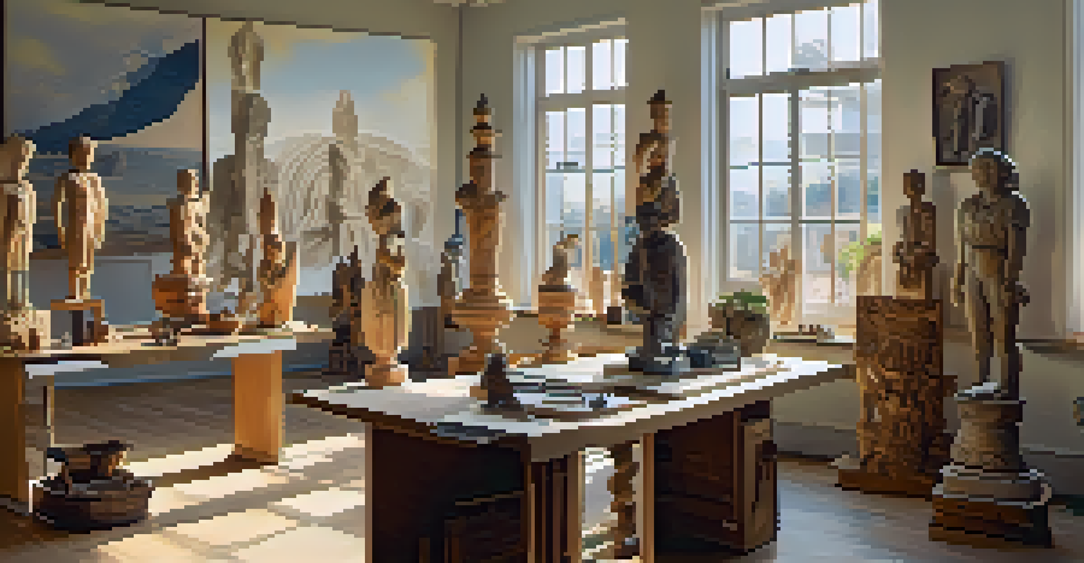 An artist's studio displaying a variety of carved sculptures, with sunlight streaming through windows, showcasing different artistic styles.