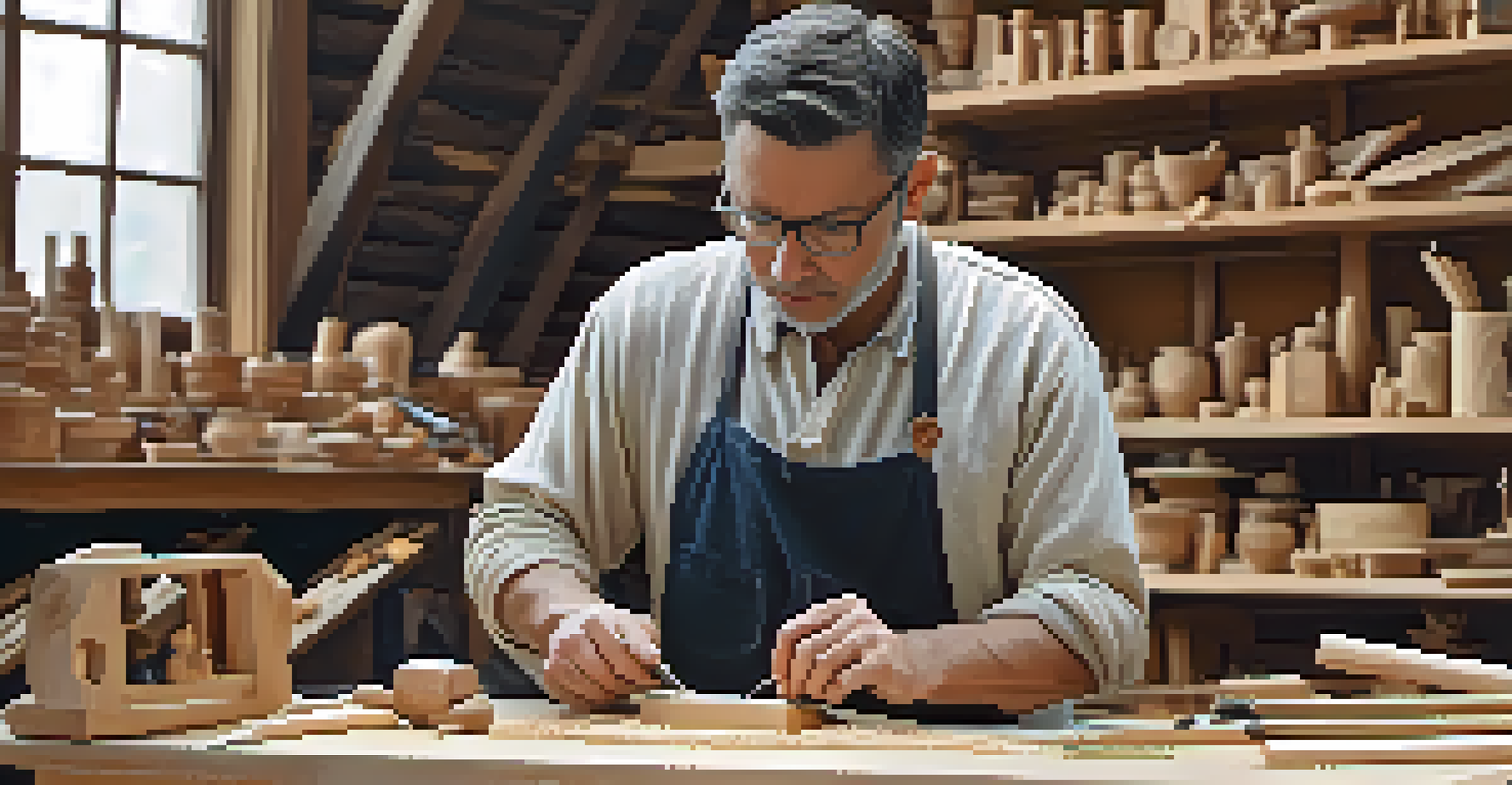 An artist concentrating on wood carving in a bright, organized workshop, showcasing safe hand positioning and various tools.