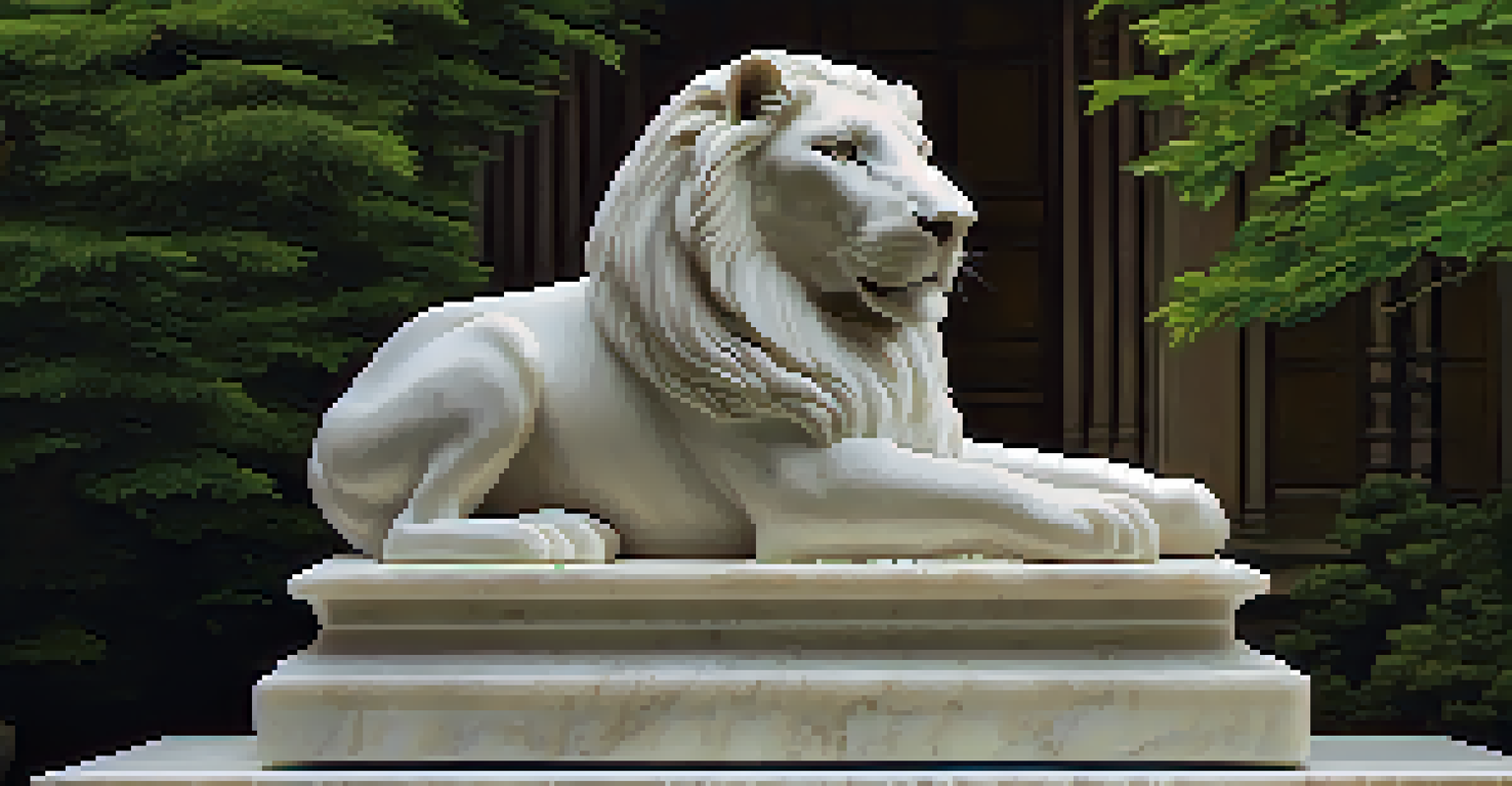 A detailed marble sculpture of an animal figure with a blurred green background.