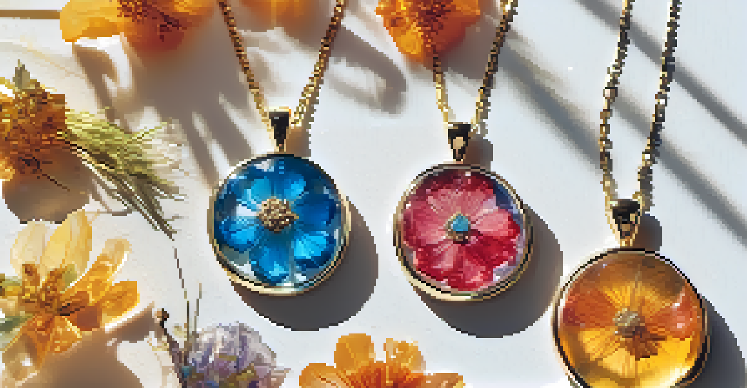A colorful resin jewelry piece with embedded dried flowers, illuminated by natural sunlight.