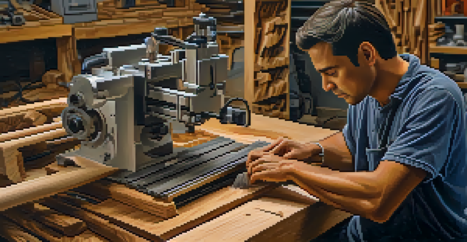 An artisan operating a CNC machine, diligently carving a detailed wooden design in a bright workshop.