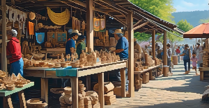 A lively artisan market featuring local carvers working on wooden sculptures and masks, with colorful displays and natural sunlight.