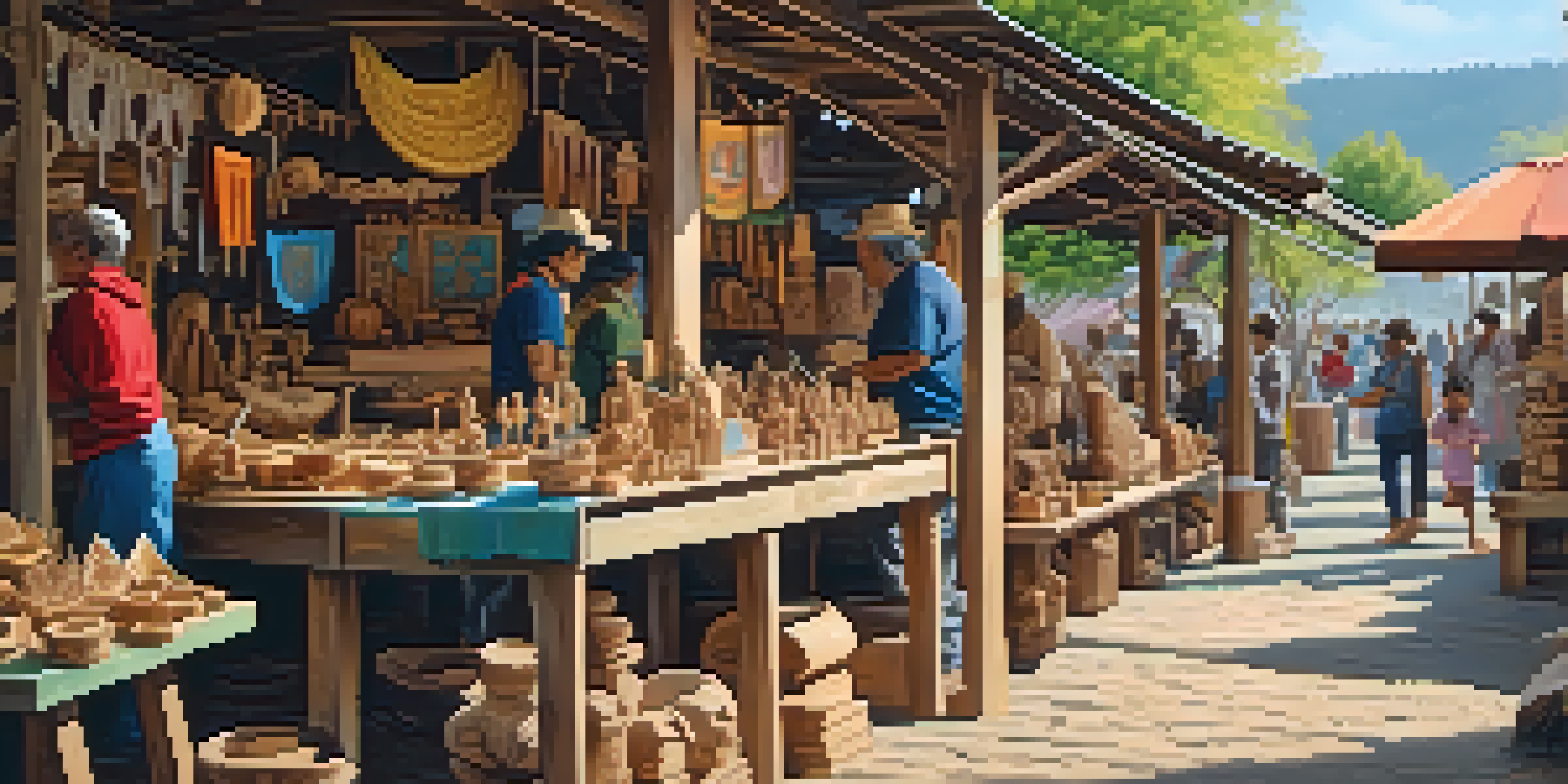 A lively artisan market featuring local carvers working on wooden sculptures and masks, with colorful displays and natural sunlight.