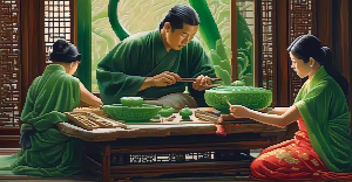An artisan carving jade with traditional tools, highlighting intricate designs and vibrant fabrics in a warmly lit setting.
