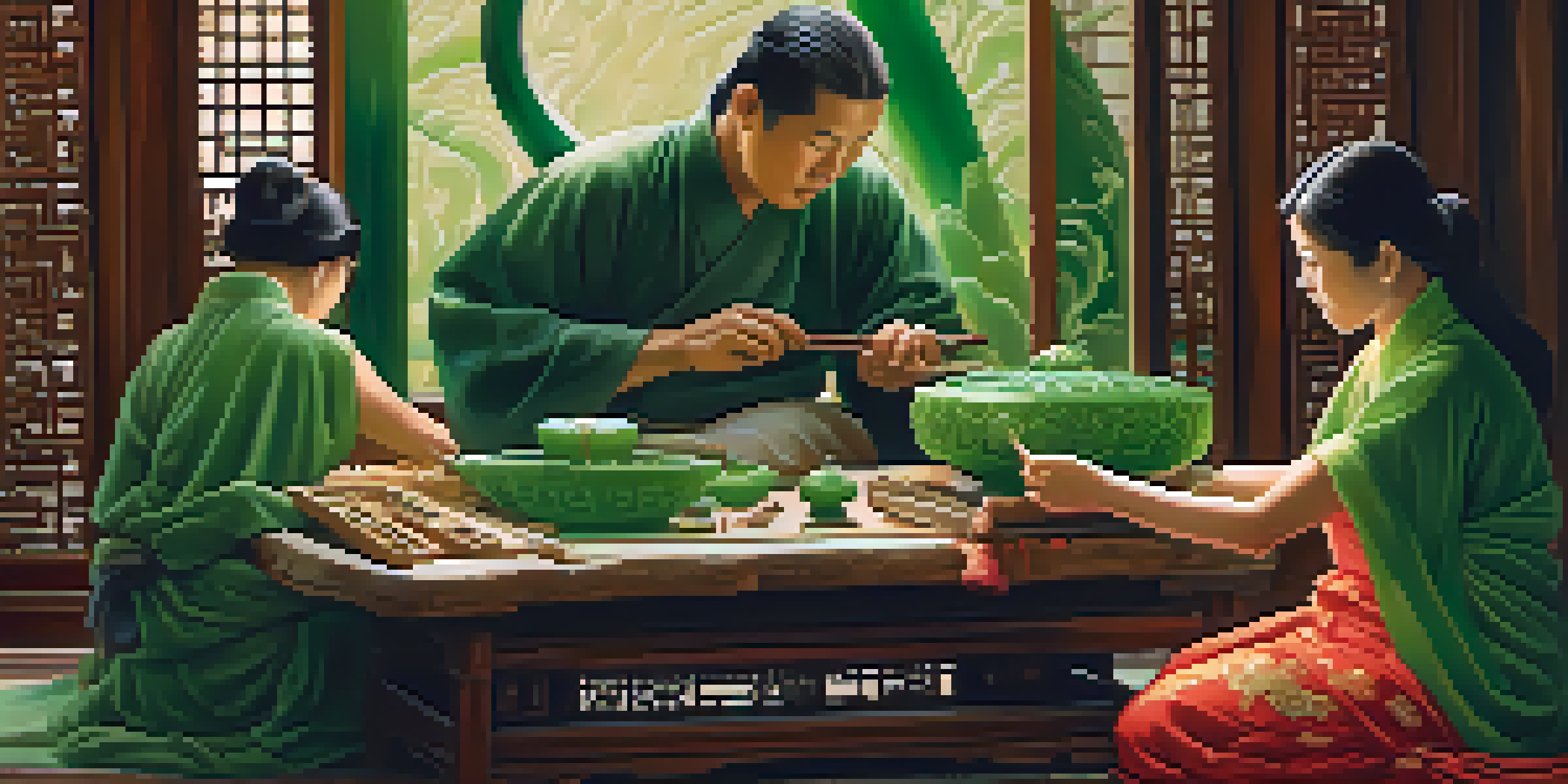 An artisan carving jade with traditional tools, highlighting intricate designs and vibrant fabrics in a warmly lit setting.