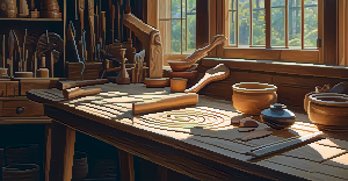 A female wood carver working diligently in a workshop, surrounded by tools and wood shavings, with sunlight streaming in.