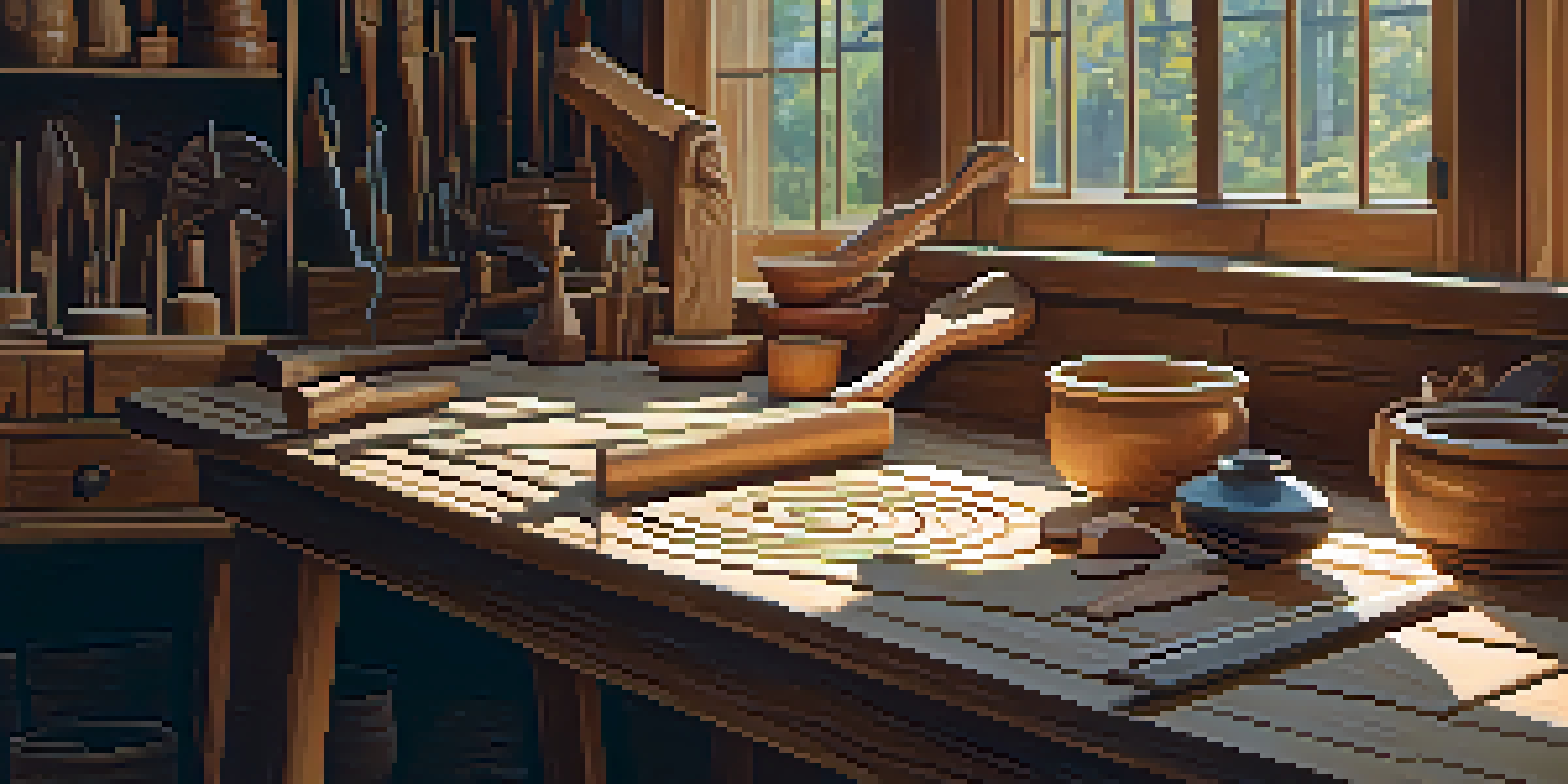 A female wood carver working diligently in a workshop, surrounded by tools and wood shavings, with sunlight streaming in.