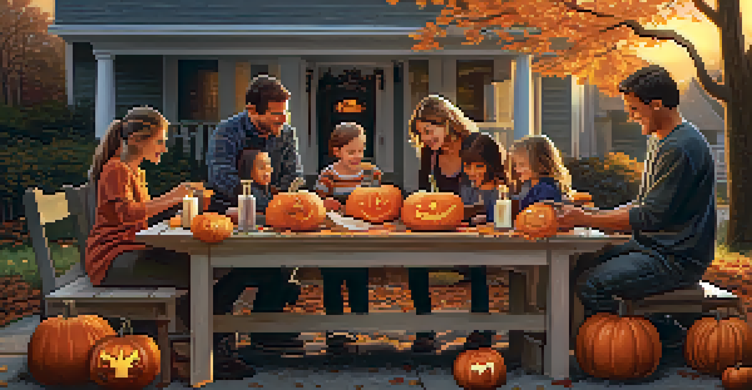 A family outdoors carving pumpkins for Halloween, with tools and pumpkins on a table in a warm sunset glow.