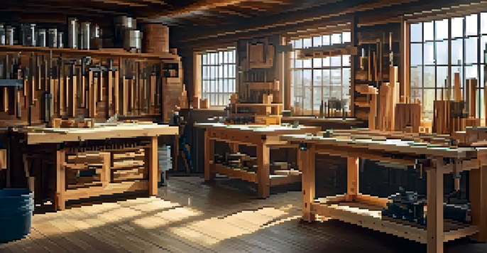 A woodworking workshop with a sturdy workbench, neatly arranged carving tools, and safety gear, illuminated by natural light.