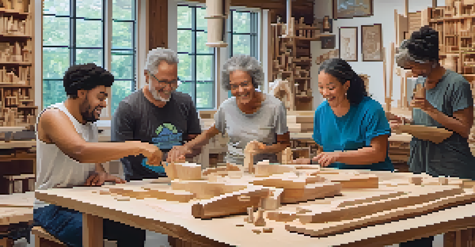 A community carving workshop with diverse participants collaborating on a large wood project, surrounded by completed carvings.