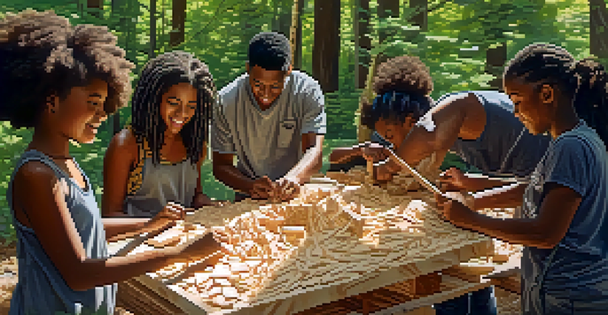 A diverse group of young people working together on a wooden sculpture, surrounded by tools and wood shavings under sunlight.