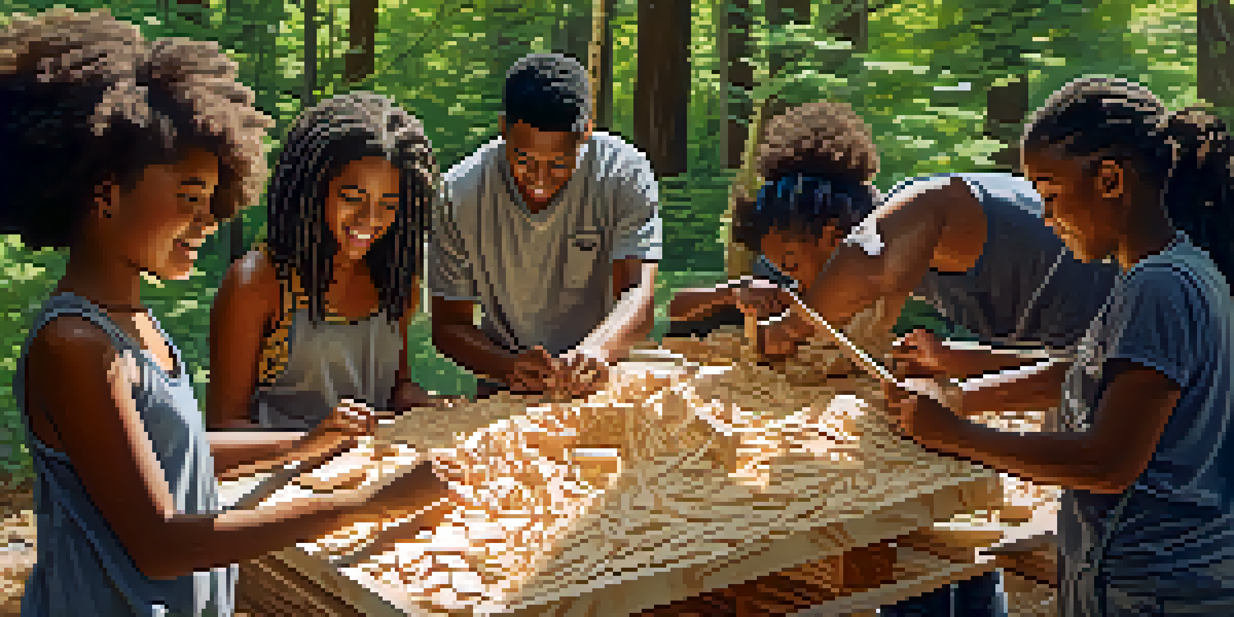 A diverse group of young people working together on a wooden sculpture, surrounded by tools and wood shavings under sunlight.