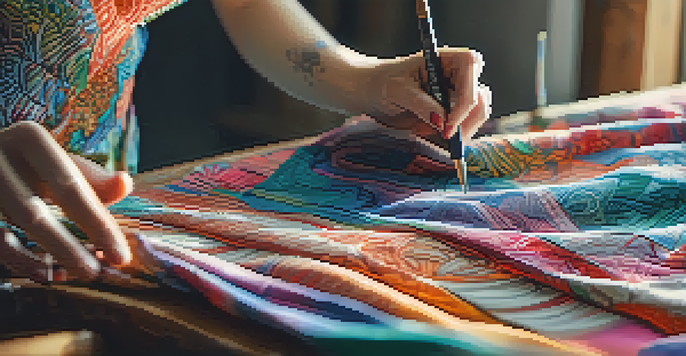 A fashion designer's hands carving patterns into colorful fabric in a bright studio.