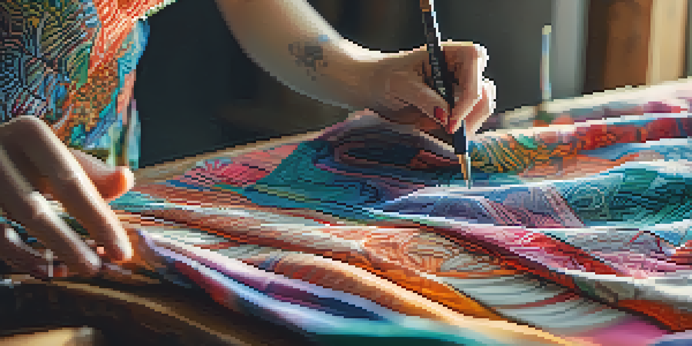 A fashion designer's hands carving patterns into colorful fabric in a bright studio.