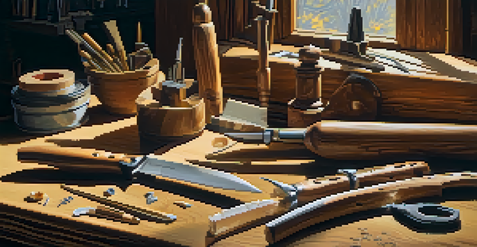 A close-up view of a wood carving workspace with tools and wood shavings.