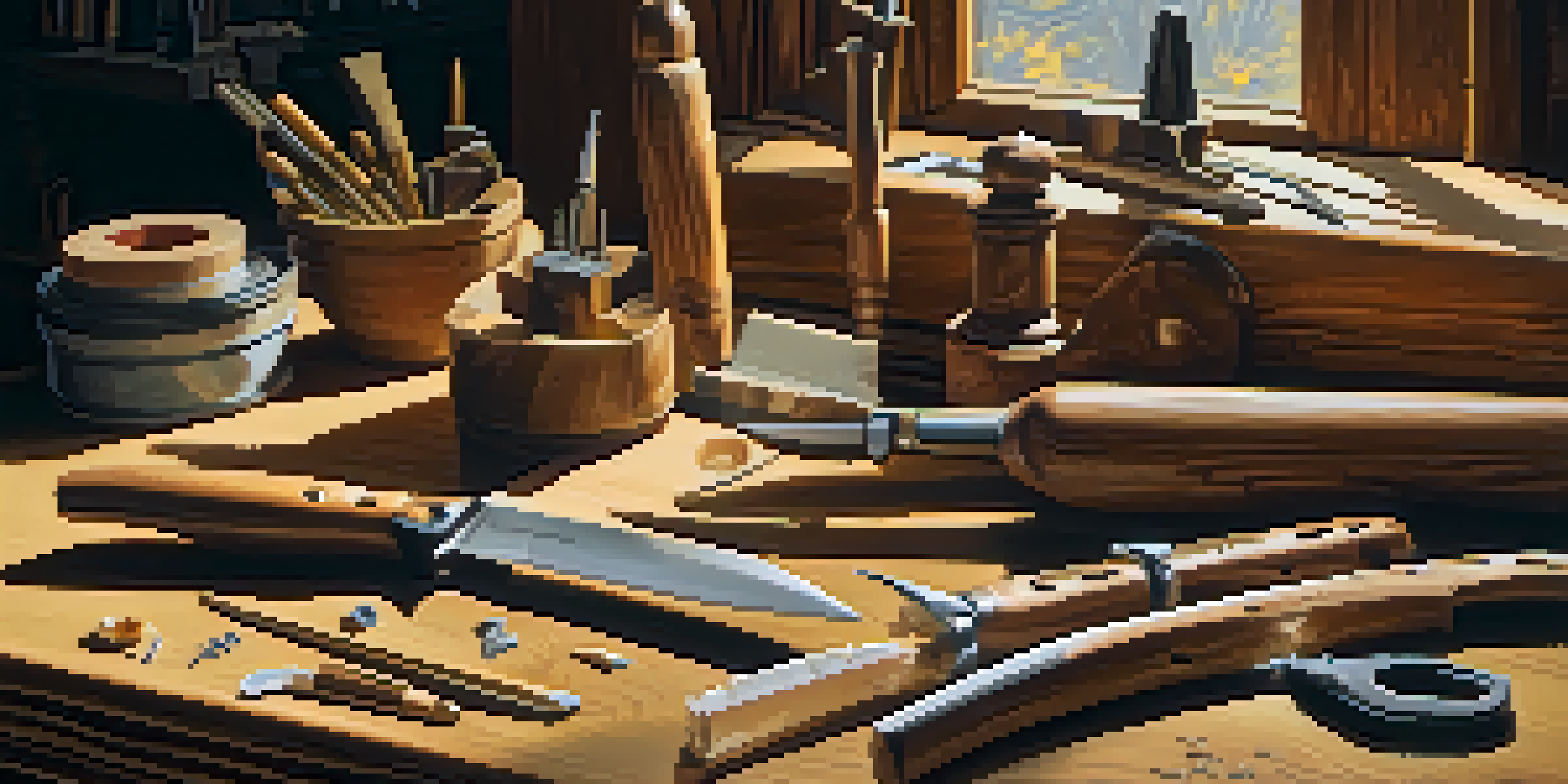 A close-up view of a wood carving workspace with tools and wood shavings.