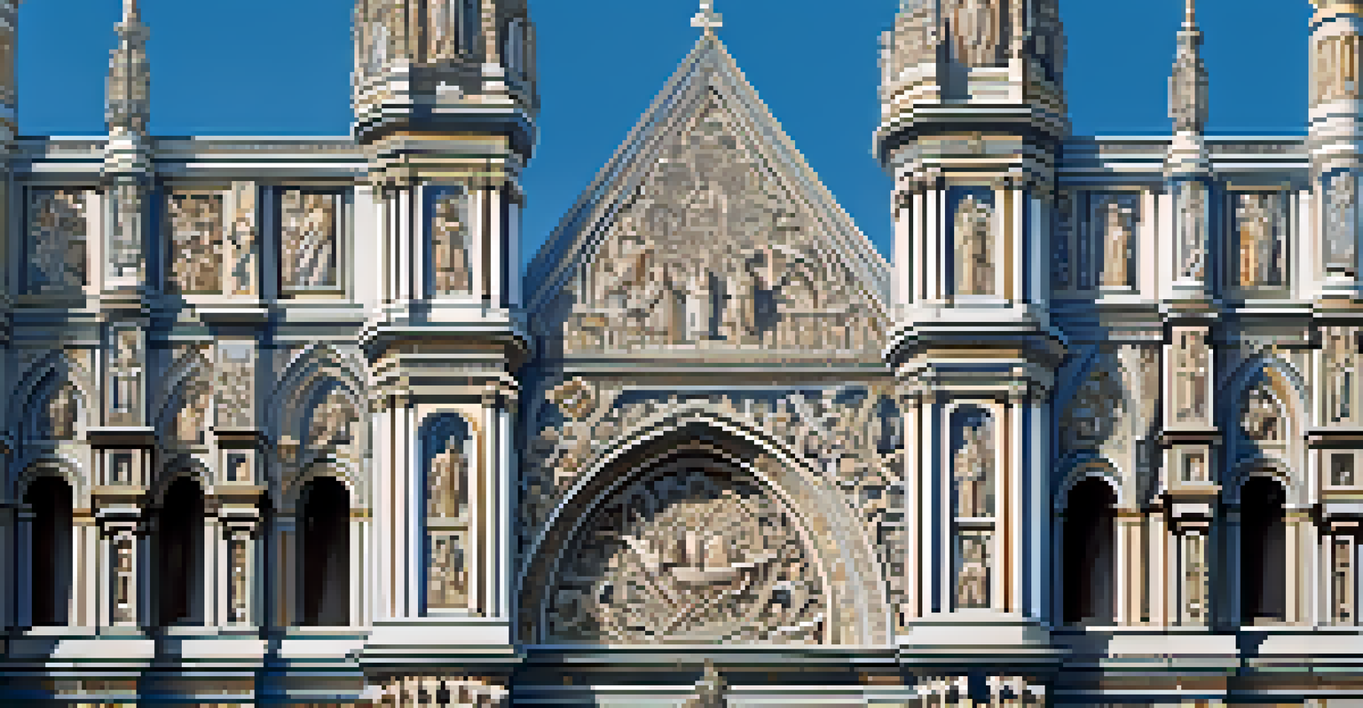 A Renaissance cathedral facade featuring intricate relief carvings of biblical scenes, with sunlight casting shadows on the sculptures.