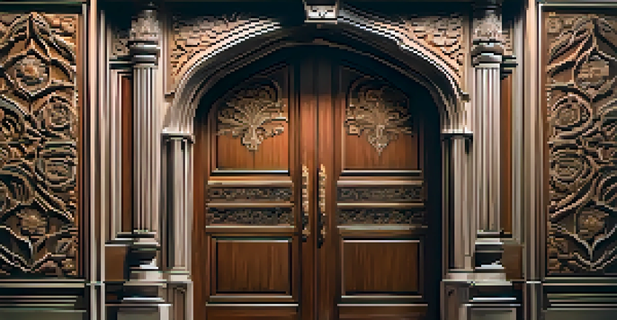 A intricately carved wooden door illuminated by soft lighting on a theater stage, surrounded by subtle foliage.