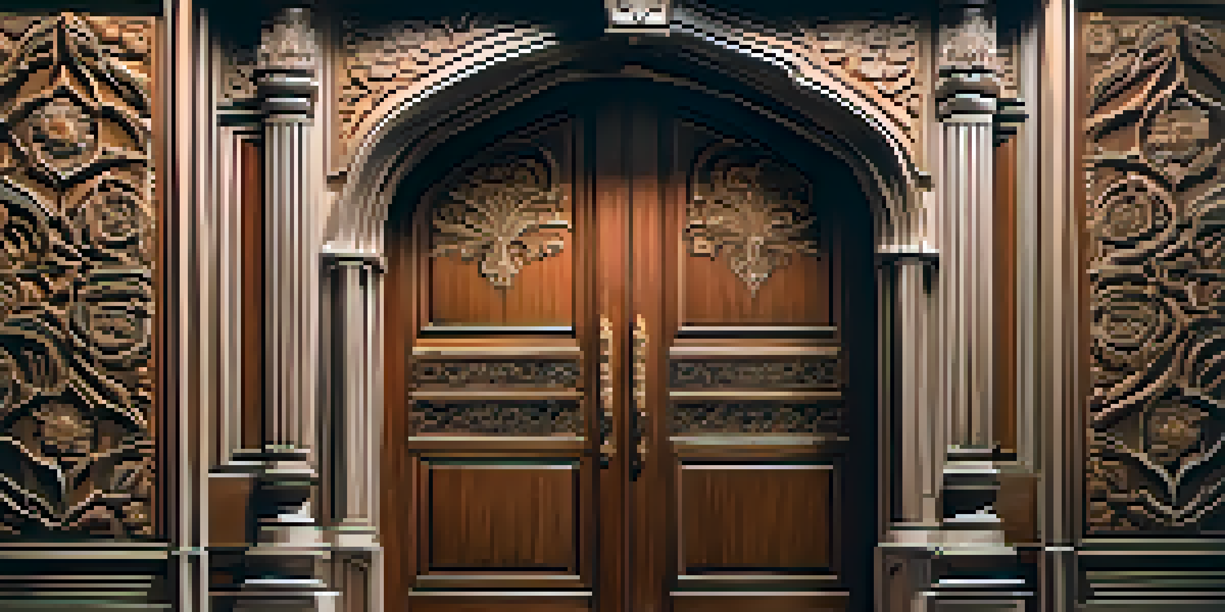 A intricately carved wooden door illuminated by soft lighting on a theater stage, surrounded by subtle foliage.