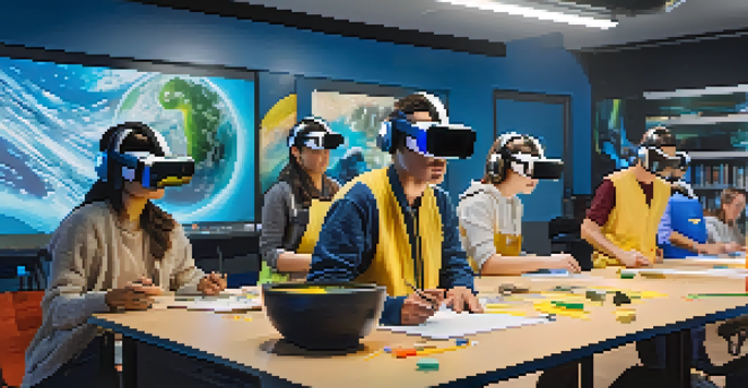 A classroom with students using VR headsets, surrounded by digital carving tools in a vibrant and immersive atmosphere.