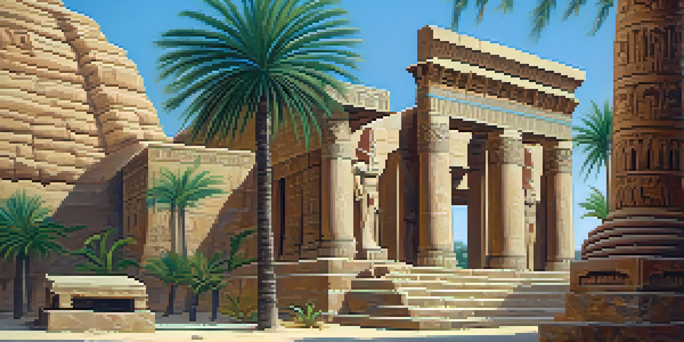 A tranquil view of an ancient Egyptian temple with detailed relief carvings, illuminated by soft sunlight, surrounded by palm trees and a clear blue sky.