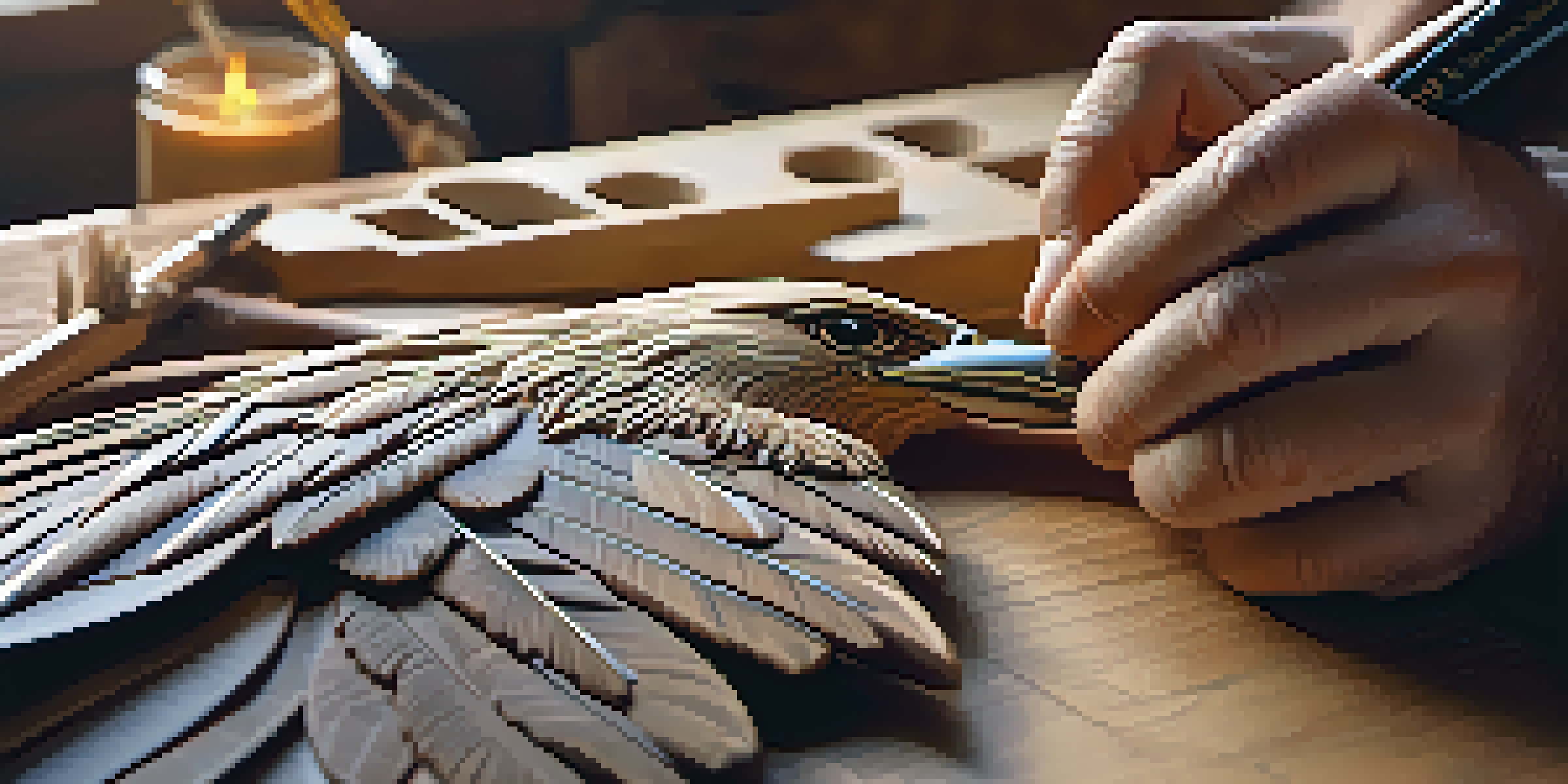 A close-up of an artist carving a wooden eagle, with tools and wood shavings around them, highlighted by warm natural light.
