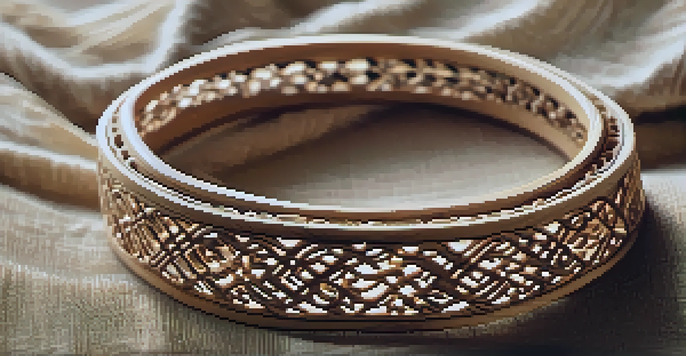 A detailed view of an intricately carved wooden jewelry piece placed on textured linen, with warm diffused lighting.