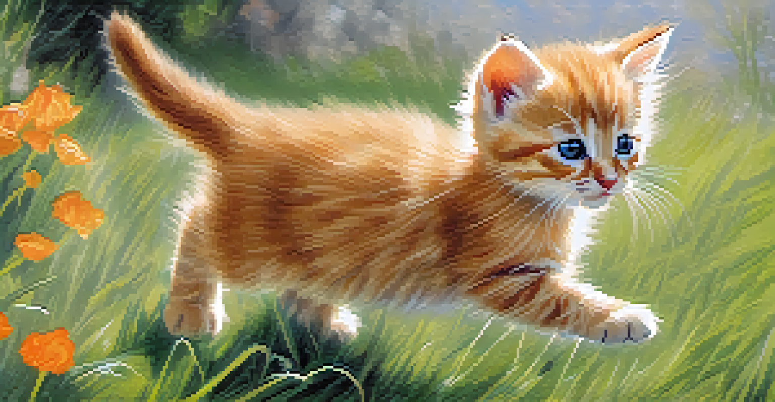 A playful kitten captured in mid-pounce with its tail raised, set against a blurred garden background.