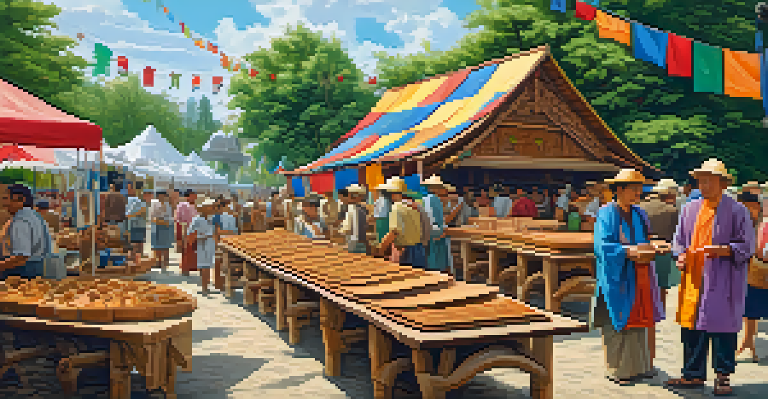 A vibrant outdoor festival showcasing traditional wood carving, with artisans and visitors among colorful banners and carved items.