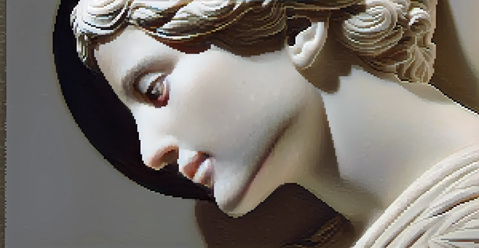 A detailed marble sculpture of a human figure, illuminated by soft light, highlighting intricate skin textures and hair carvings.