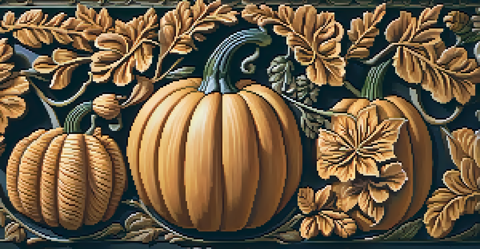 Close-up of intricate relief carvings on a pumpkin showcasing floral designs illuminated from the side.