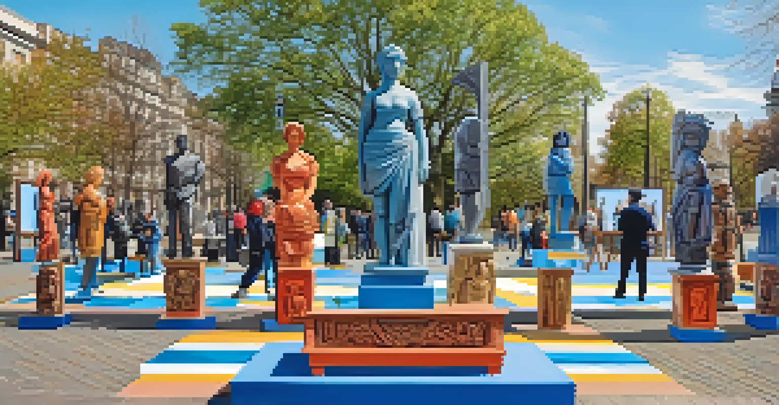 An outdoor exhibition displaying various carvings related to gender equality, with viewers engaged in the artwork.