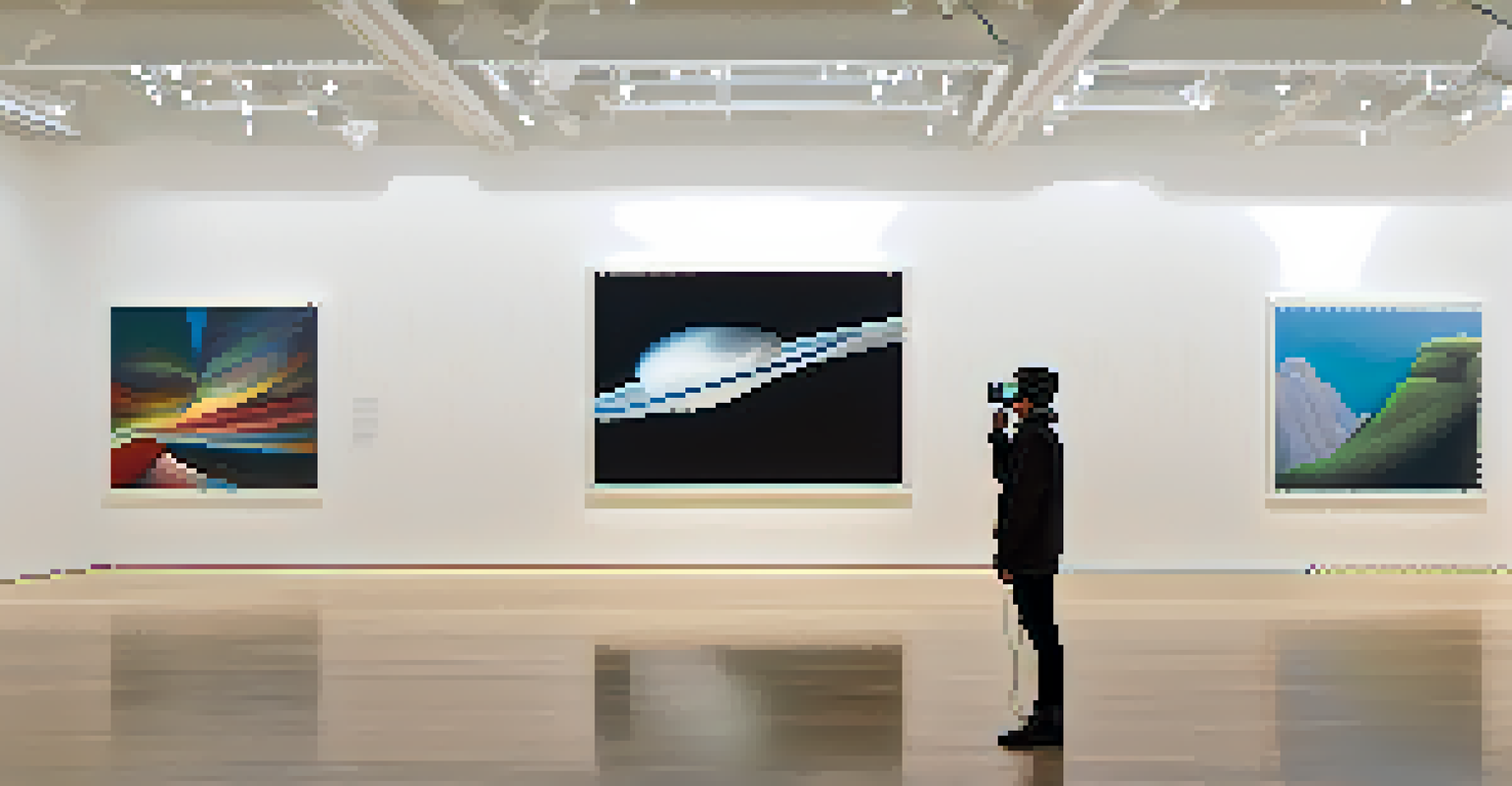 An artist with augmented reality glasses gazes at a floating virtual sculpture in a bright gallery space, exploring its dimensions.