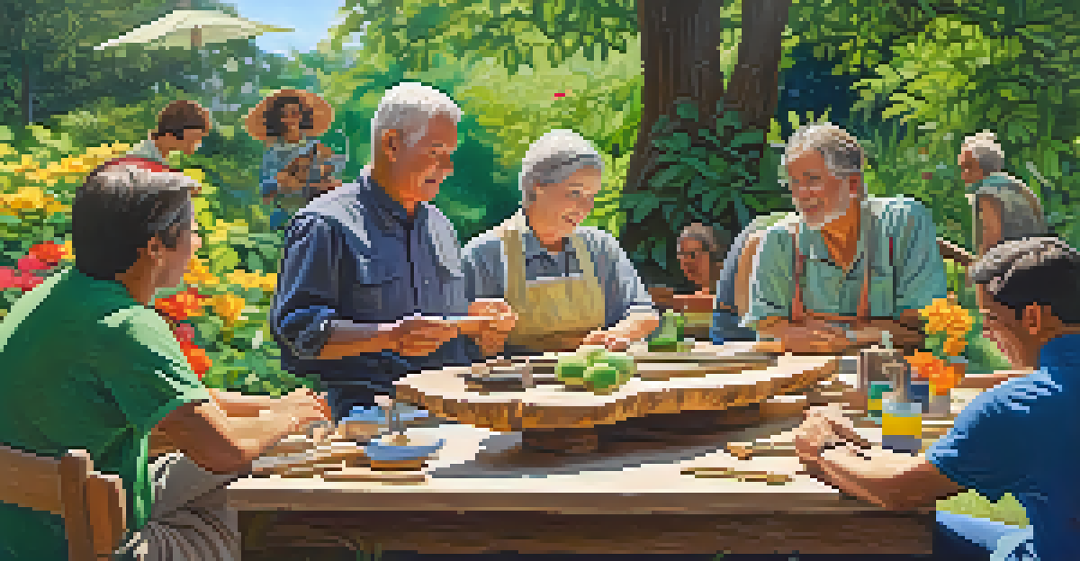 A group of people carving wood in a vibrant garden, sharing techniques and enjoying each other's company.