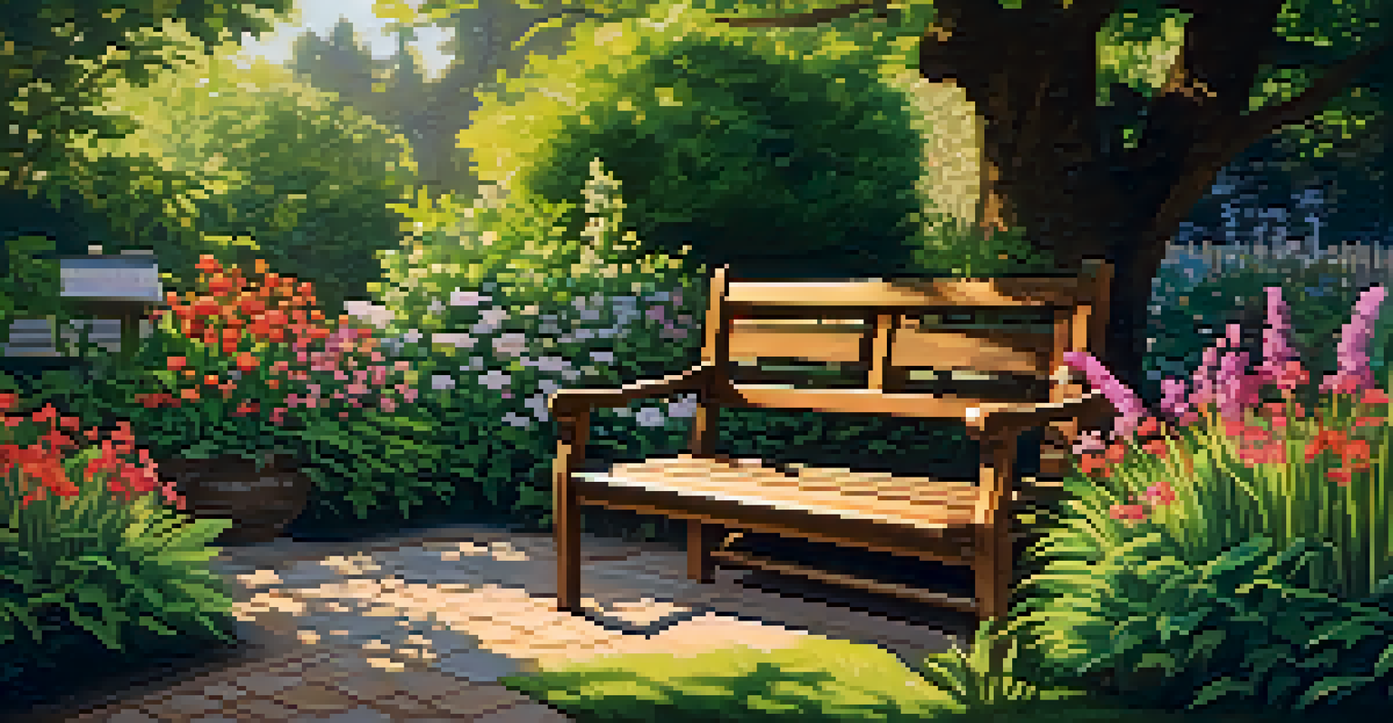 A cozy garden with a wooden bench amidst colorful flowers and greenery, illuminated by soft sunlight.