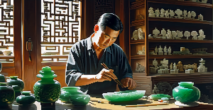 A craftsman working on a jade carving in a traditional workshop, surrounded by tools and finished pieces.