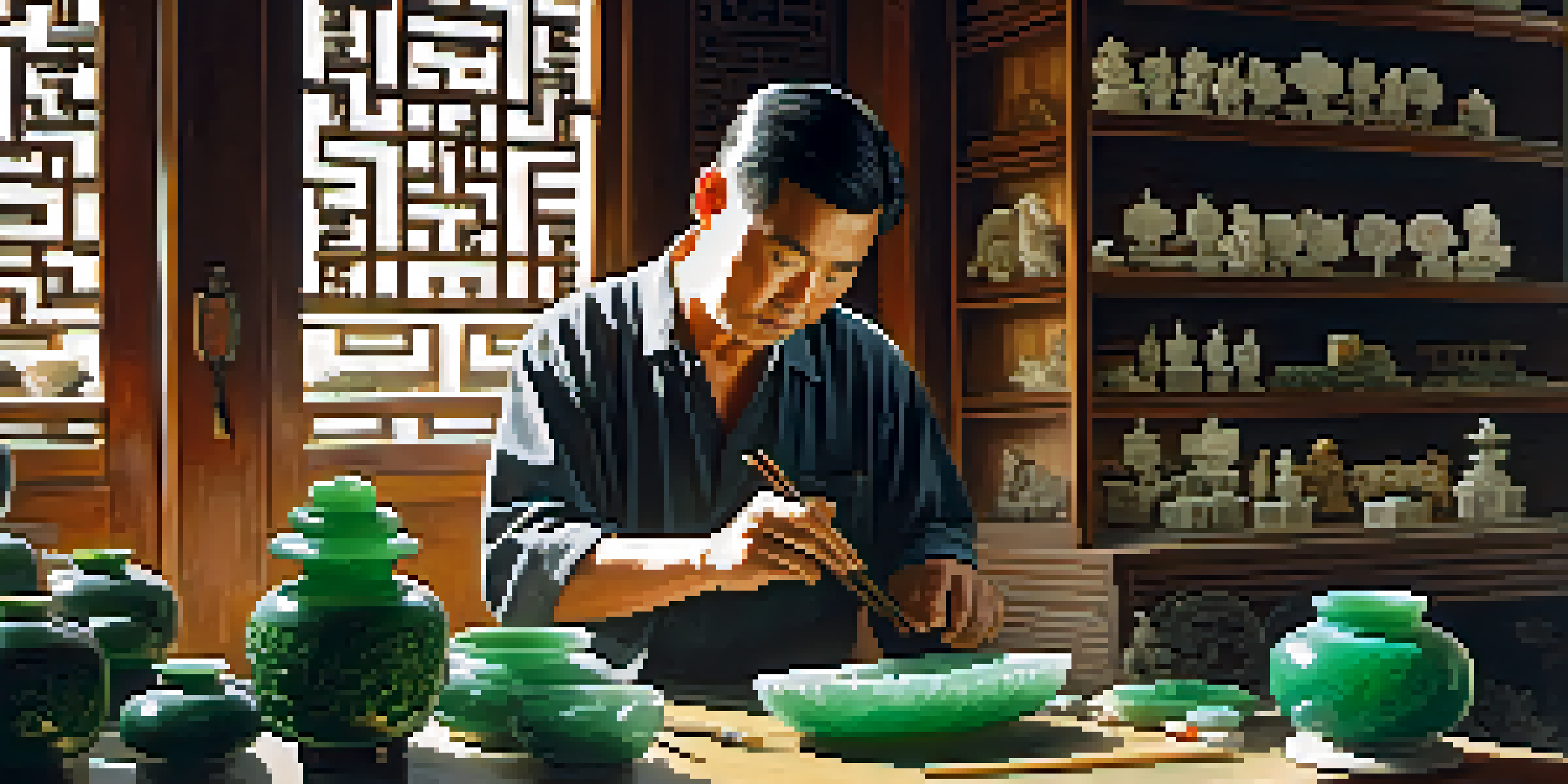 A craftsman working on a jade carving in a traditional workshop, surrounded by tools and finished pieces.