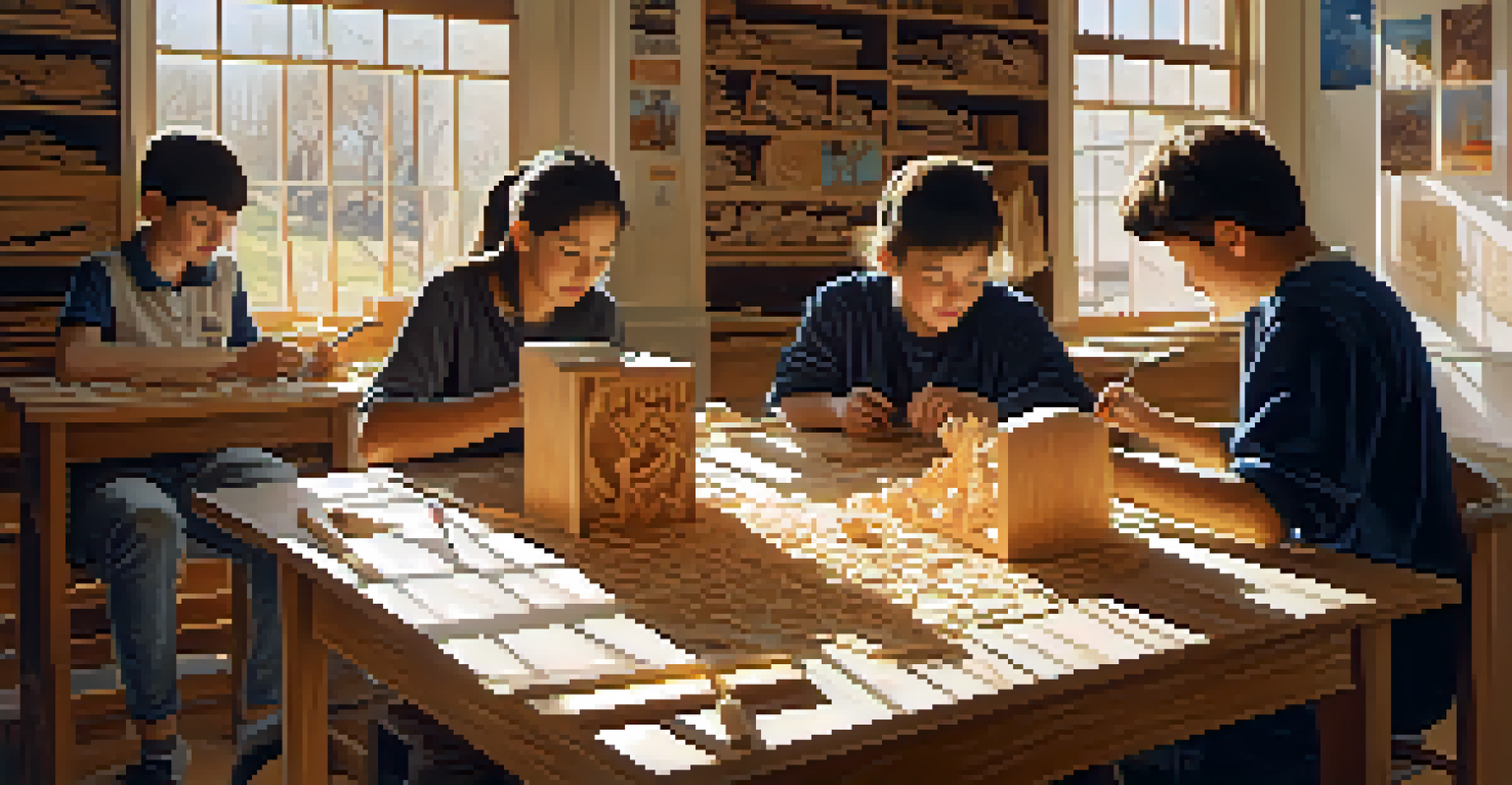 Students in a classroom carving geometric shapes from wood, with tools and sketches spread out on the table, illuminated by sunlight.