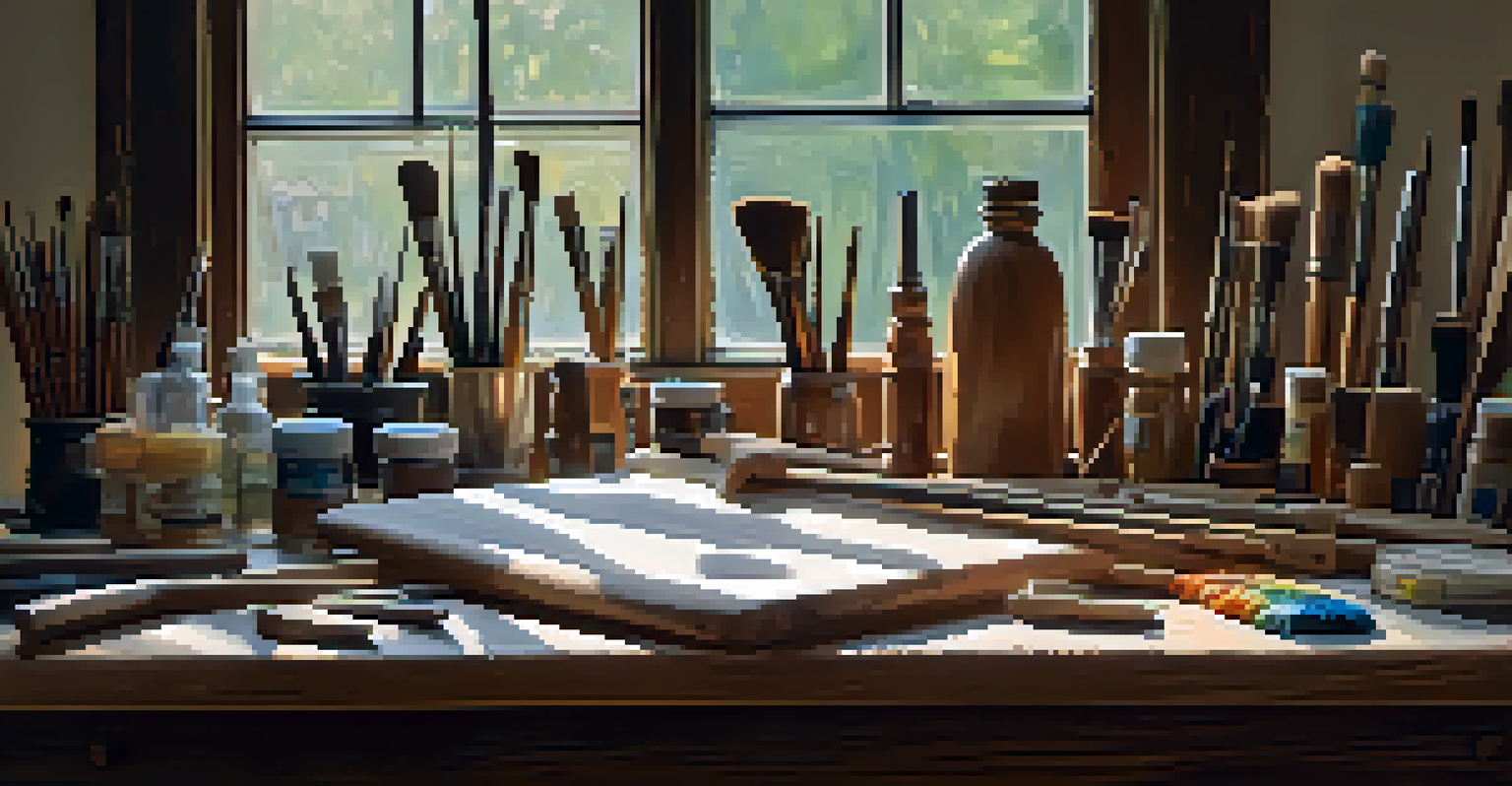 An artist's workspace with tools and a wooden carving on a workbench, illuminated by natural light.