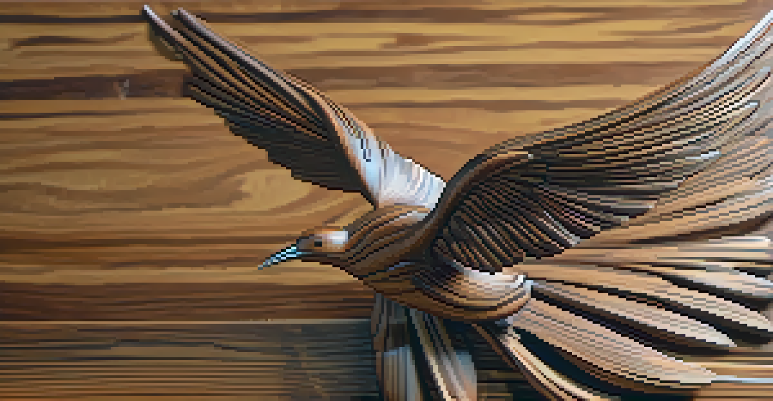 Close-up of a carved wooden bird sculpture, highlighting the intricate feather details and smooth texture.