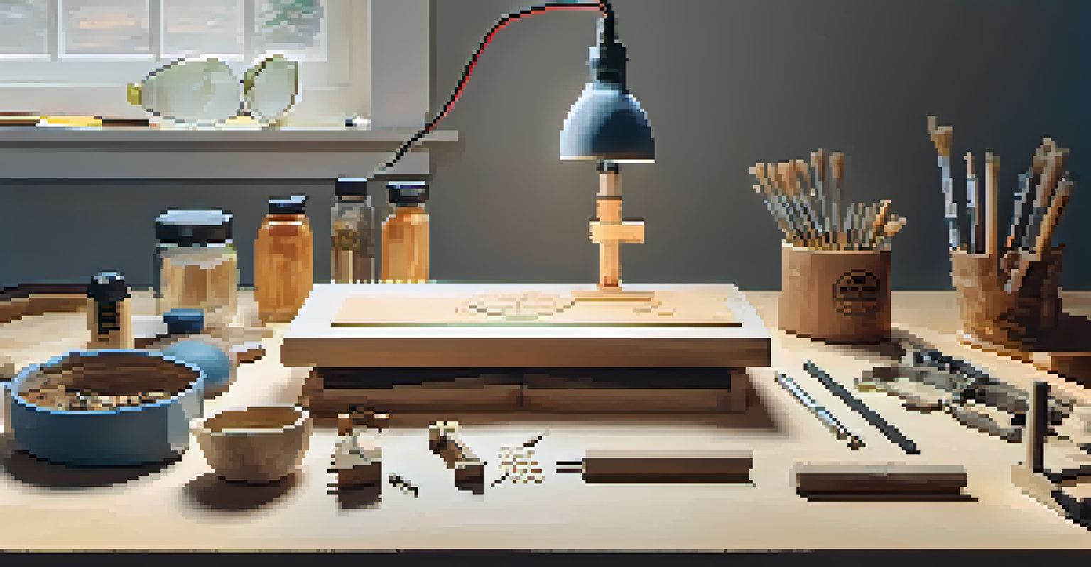 An overhead view of a beginner's power carving station with tools, safety goggles, and wood in progress, showcasing a clean and organized workspace.