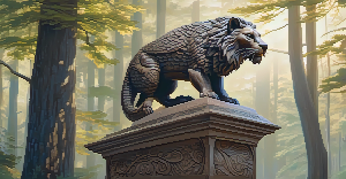 A beautifully carved wooden mythical creature on a stone pedestal, illuminated by soft natural light with a blurred forest background.