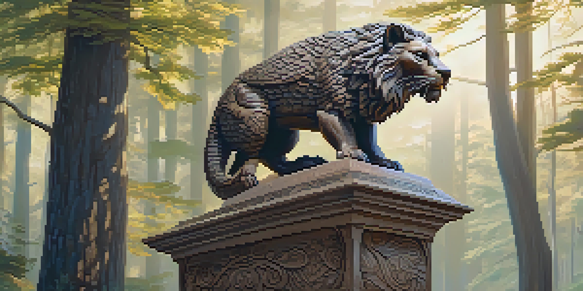 A beautifully carved wooden mythical creature on a stone pedestal, illuminated by soft natural light with a blurred forest background.