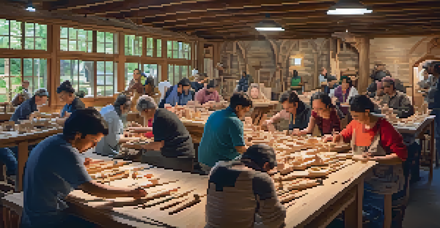 A community workshop with artisans and locals participating in a wood carving class, surrounded by carved items and tools.
