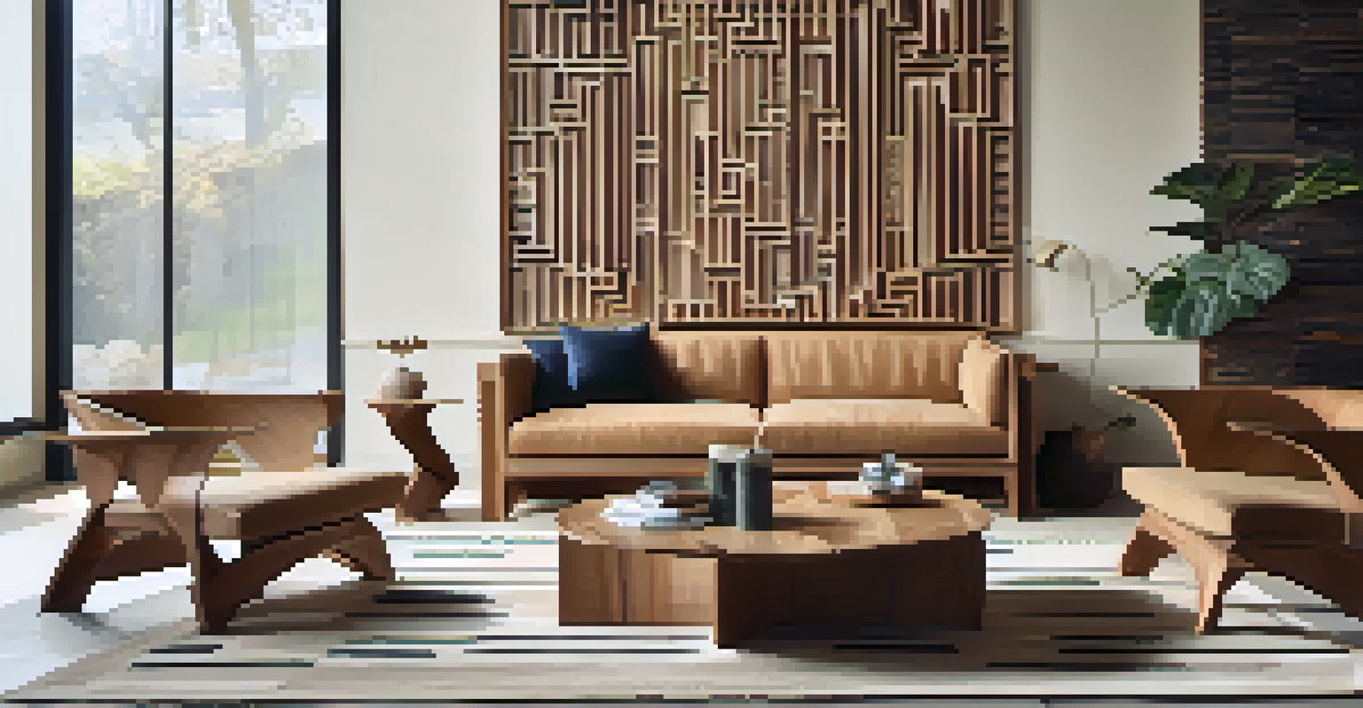 A set of carved furniture in a modern living room, featuring unique geometric patterns and warm natural lighting.