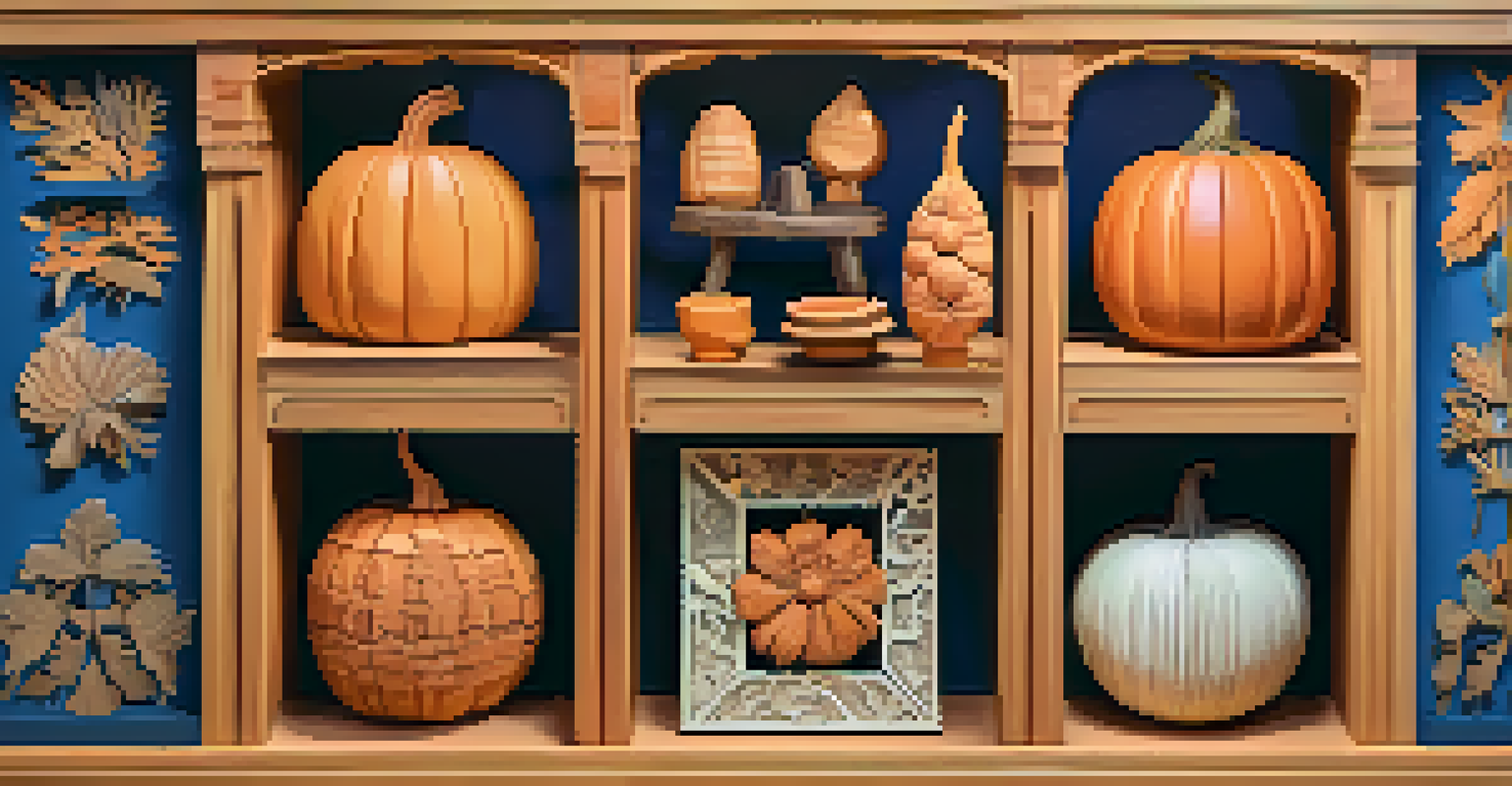 A digital collage of various carved artworks displayed online, featuring unique designs in wood, pumpkin, and soapstone.