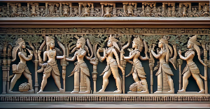 Close-up view of detailed carvings on an ancient temple facade, illuminated by sunlight, with intricate mythological figures and floral designs.