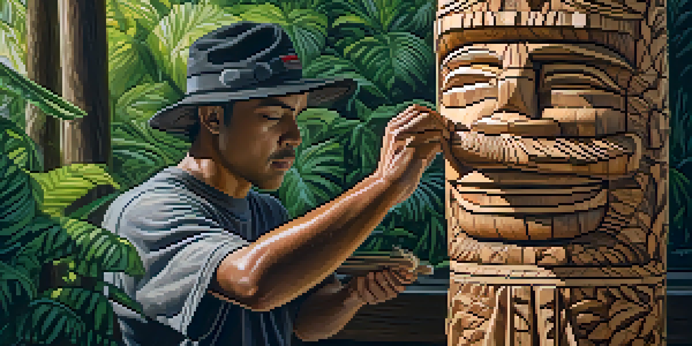 An artisan focused on carving a wooden totem pole, surrounded by greenery and soft sunlight.